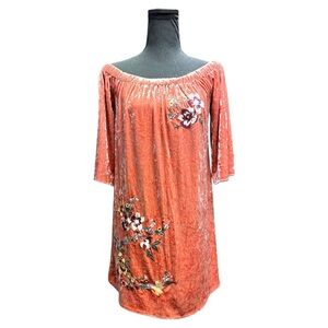 Crushed Velvet Embroidered Off the Shoulder Dress Size Medium